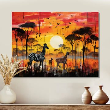 Zebra Roaming In The Savanna Under The Setting Sun - Zebra Large Canvas Wall Art